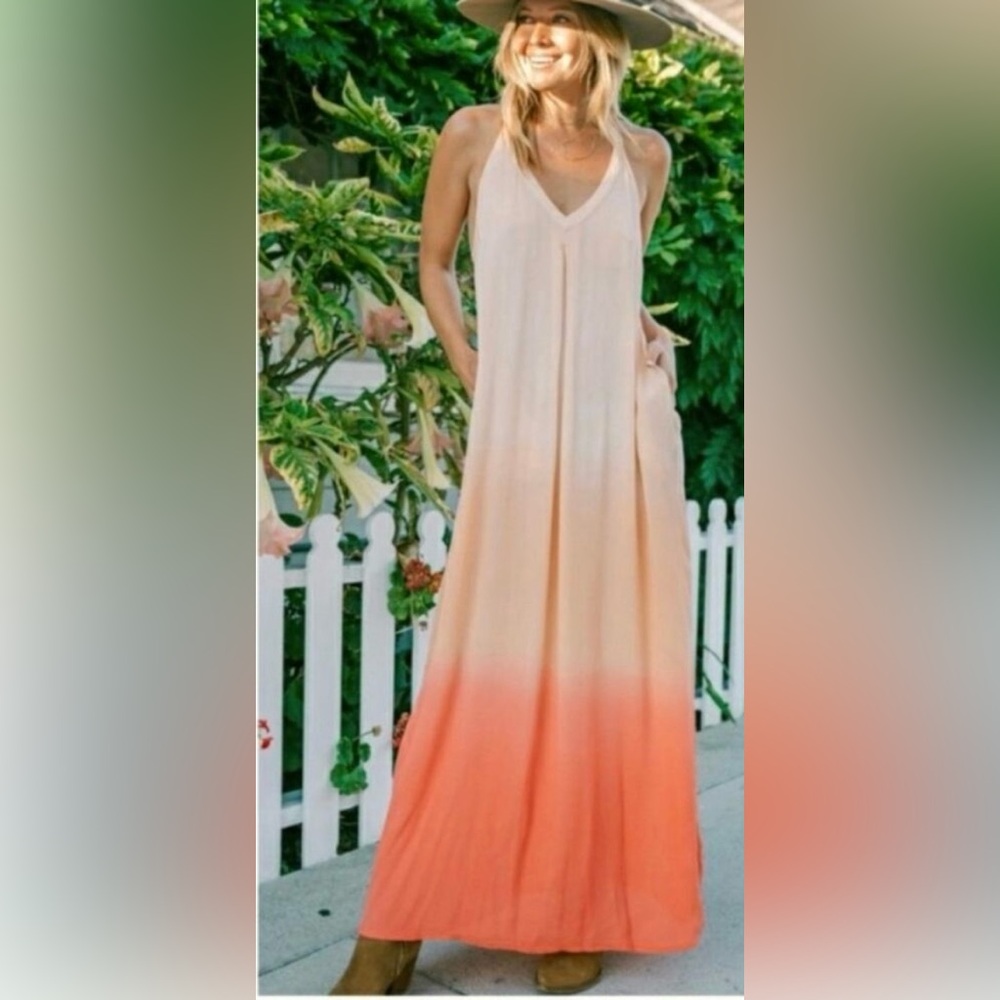Lovestitch Sleeveless Crepe Ombre Sunset Dip Racerback Maxi Dress w Pockets ZB8